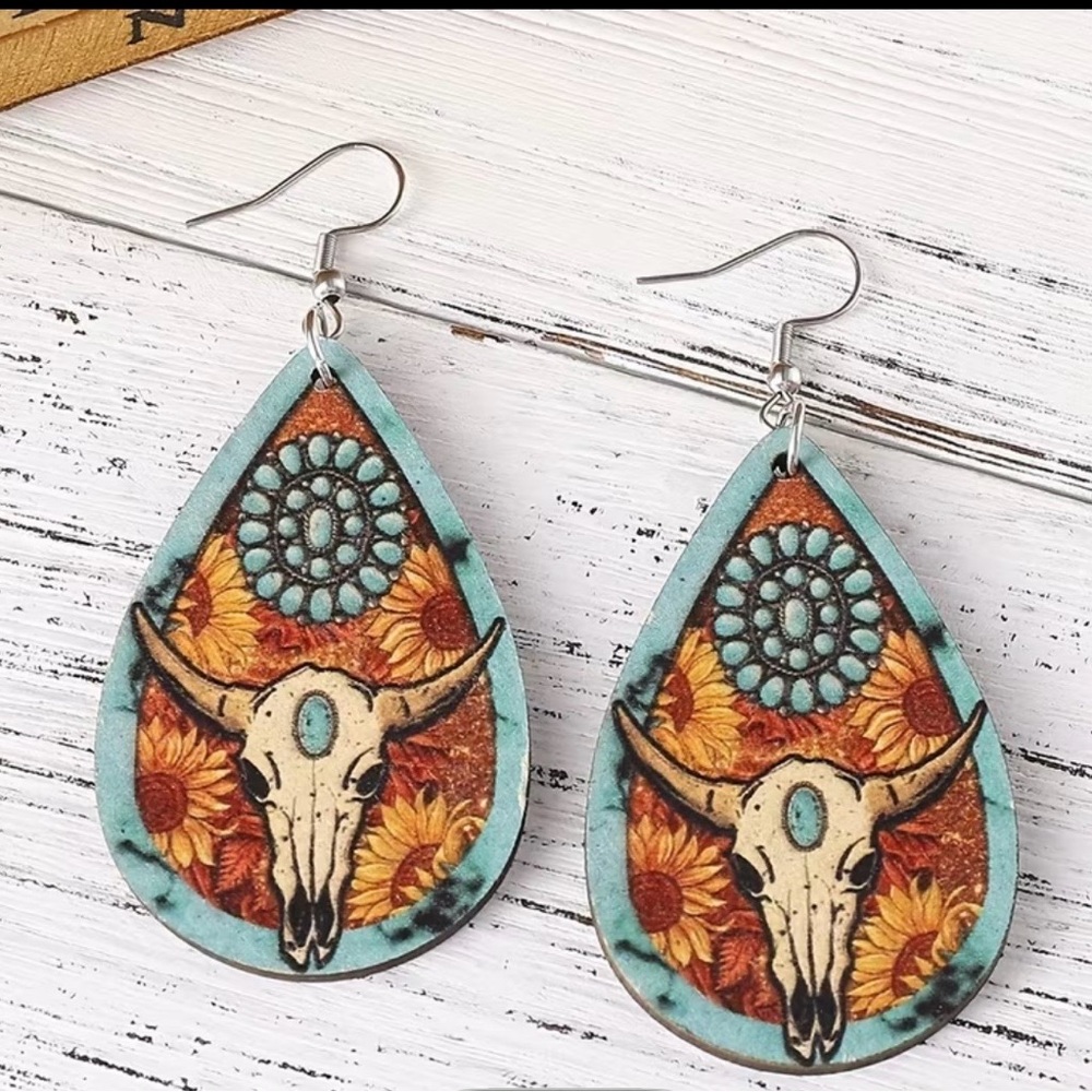 Boho Skull Sunflower Turquoise Teardrop Earrings‎ Western Statement Earrings - Picture 2 of 5